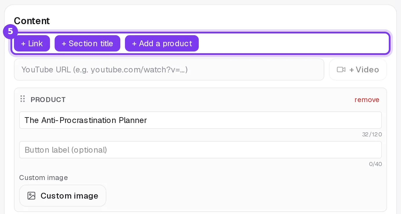 The Content section of the Shoplit.io storefront: the + Link, + Section title and + Add a product buttons, the YouTube video field and a product block, The Anti-Procrastination Planner