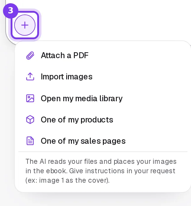 The + menu in the input box of the Shoplit.io AI assistant, with Attach a PDF, Import images and Open my media library