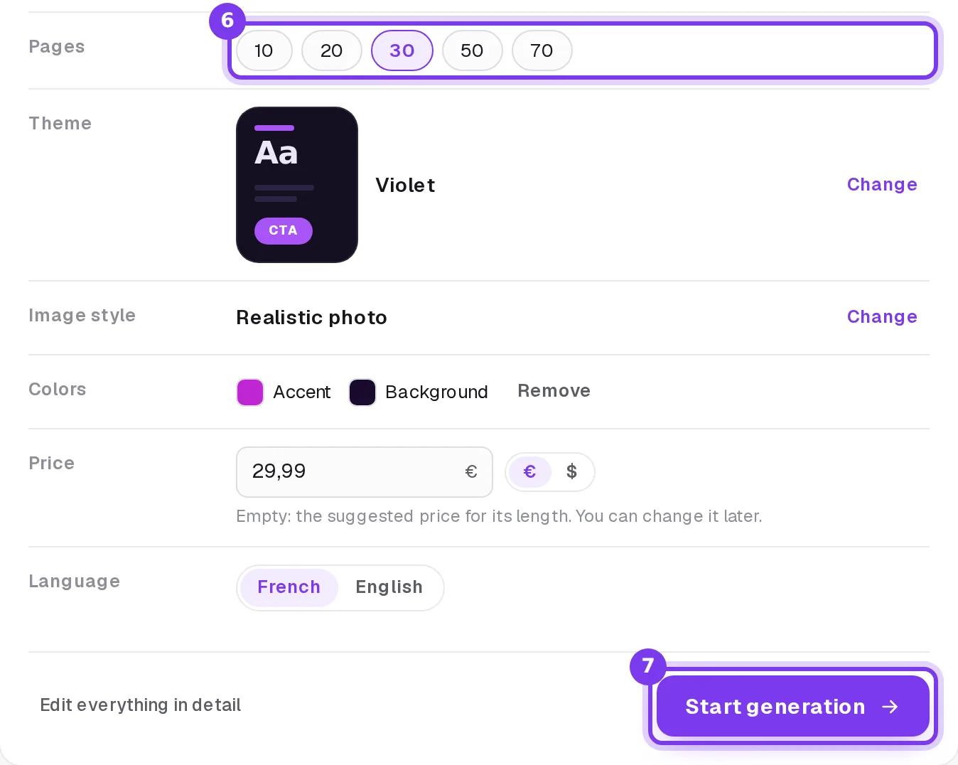 The ebook recap in Shoplit.io before generation: page count, theme, image style, colors, price, language and the Start generation button