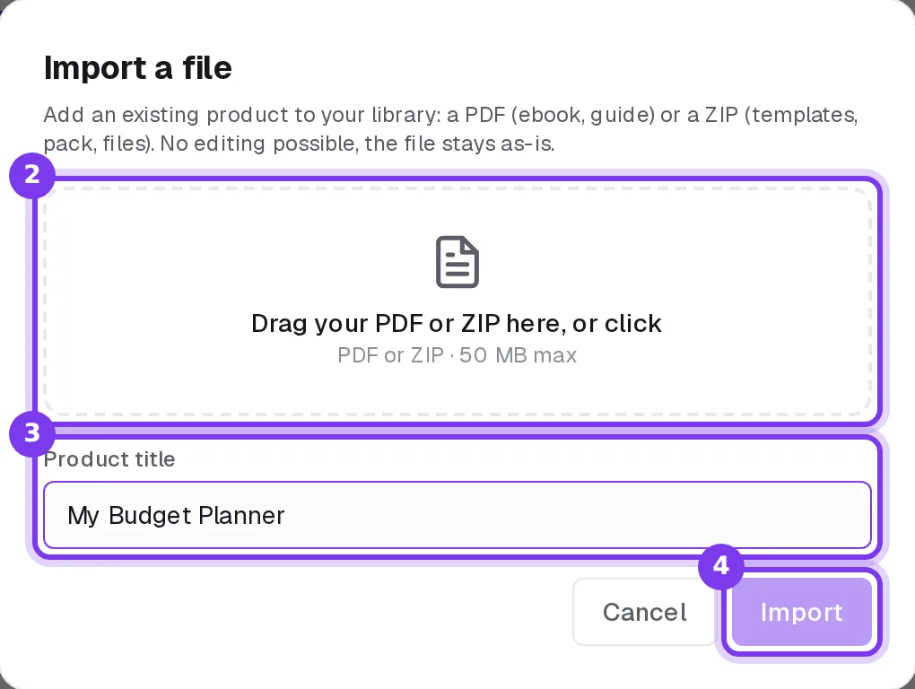 The Import a file window in Shoplit.io: the drop zone for a PDF or ZIP of up to 50 MB, the Product title field and the Import button