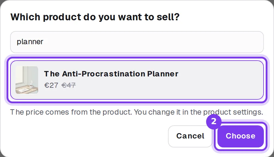The product picker of the Shoplit.io AI funnel, with a search for planner, one ebook found and the Choose button