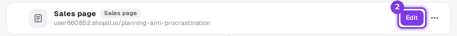 The Sales page step of a funnel in Shoplit.io, with the page address and the Edit button
