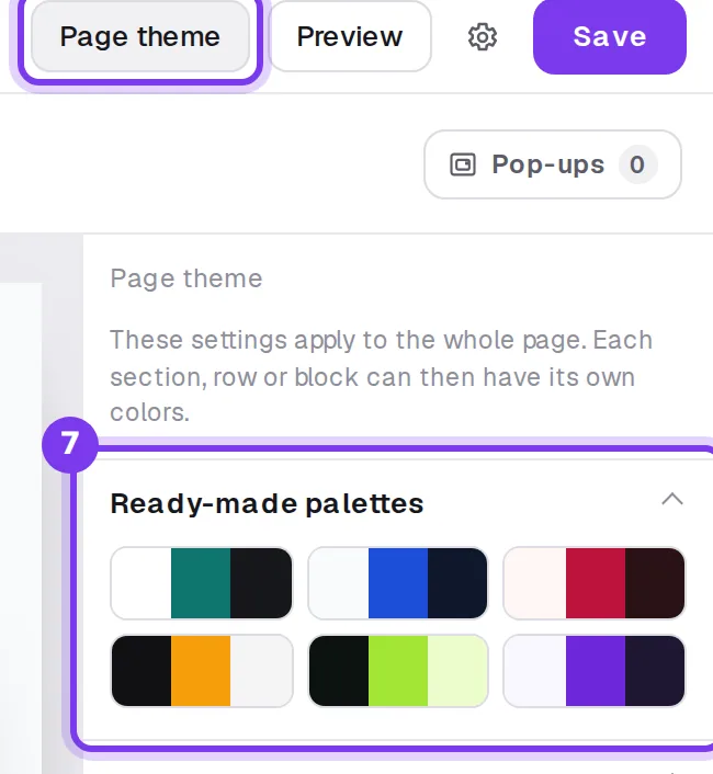 The Page theme button and the ready-made palettes in the Shoplit.io block editor