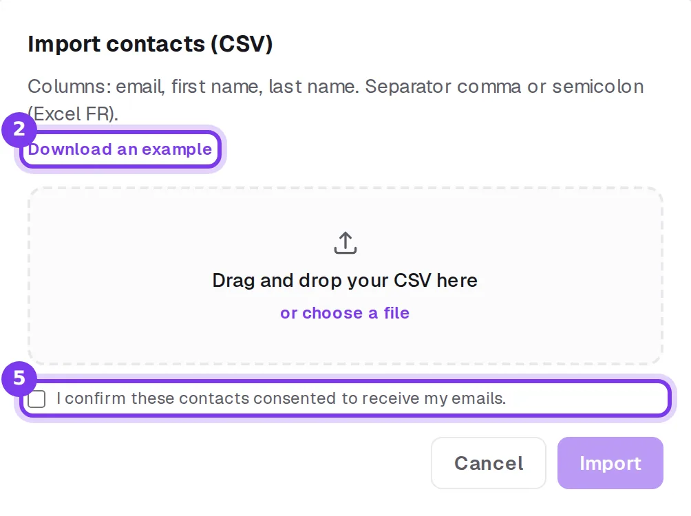 The Import contacts (CSV) window in Shoplit.io, with the Download an example link, the file drop zone and the checkbox confirming the contacts’ consent