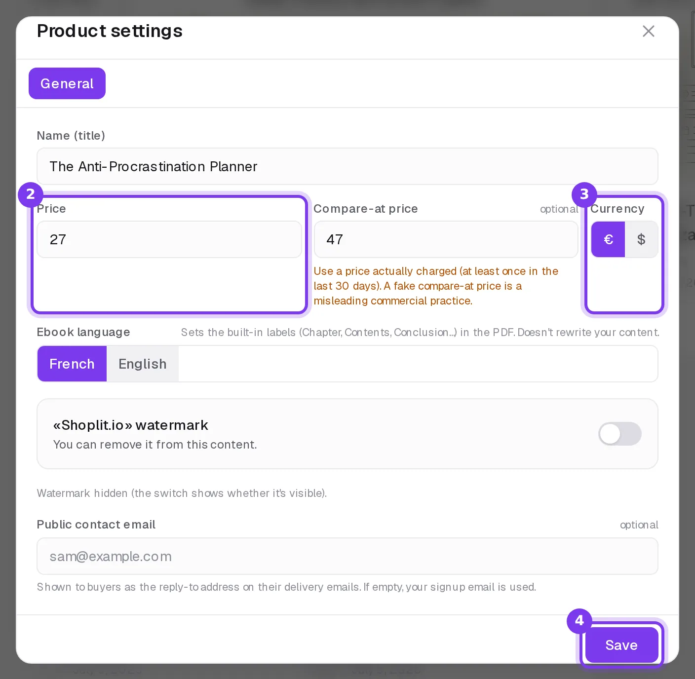 Product settings in Shoplit.io: the Price and Compare-at price fields, the euro or dollar currency choice and the Save button