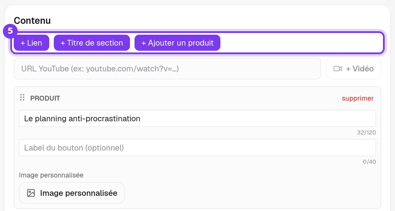 La section Contenu de la vitrine dans Shoplit.io : les boutons + Lien, + Titre de section et + Ajouter un produit, le champ d’une vidéo YouTube et un bloc produit « Le planning anti-procrastination »
