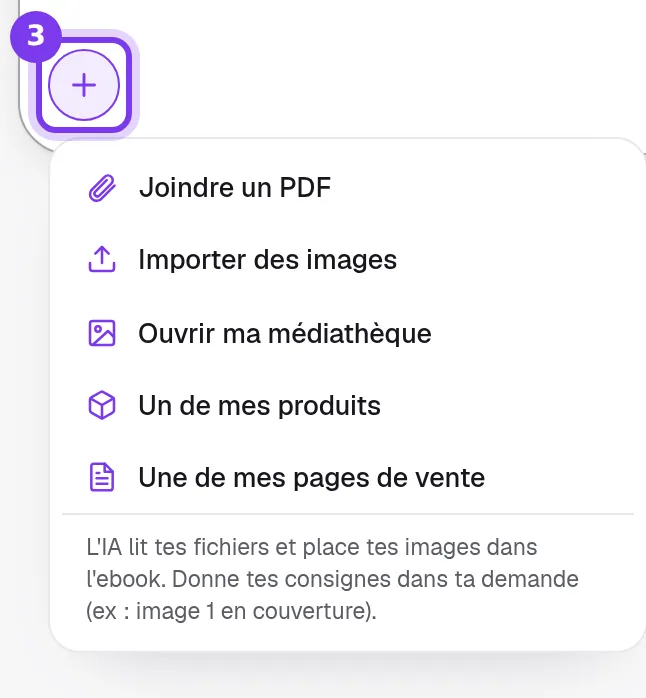 Le menu + du champ de l’assistant IA de Shoplit.io, avec Joindre un PDF, Importer des images et Ouvrir ma médiathèque