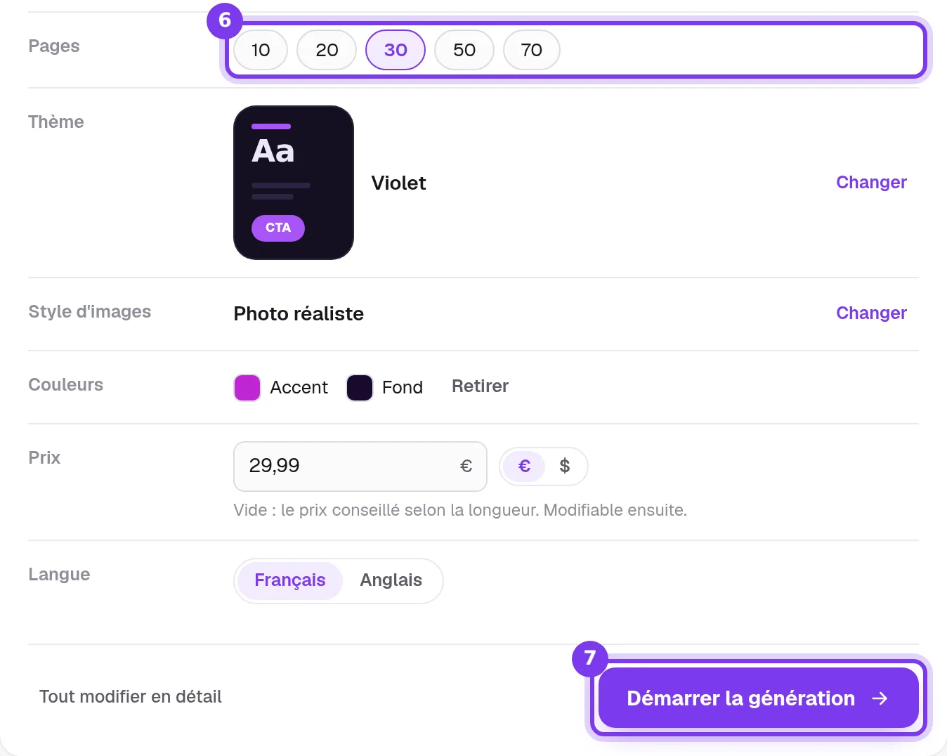 Le récapitulatif d’un ebook dans Shoplit.io avant la génération : nombre de pages, thème, style d’images, couleurs, prix, langue et bouton Démarrer la génération