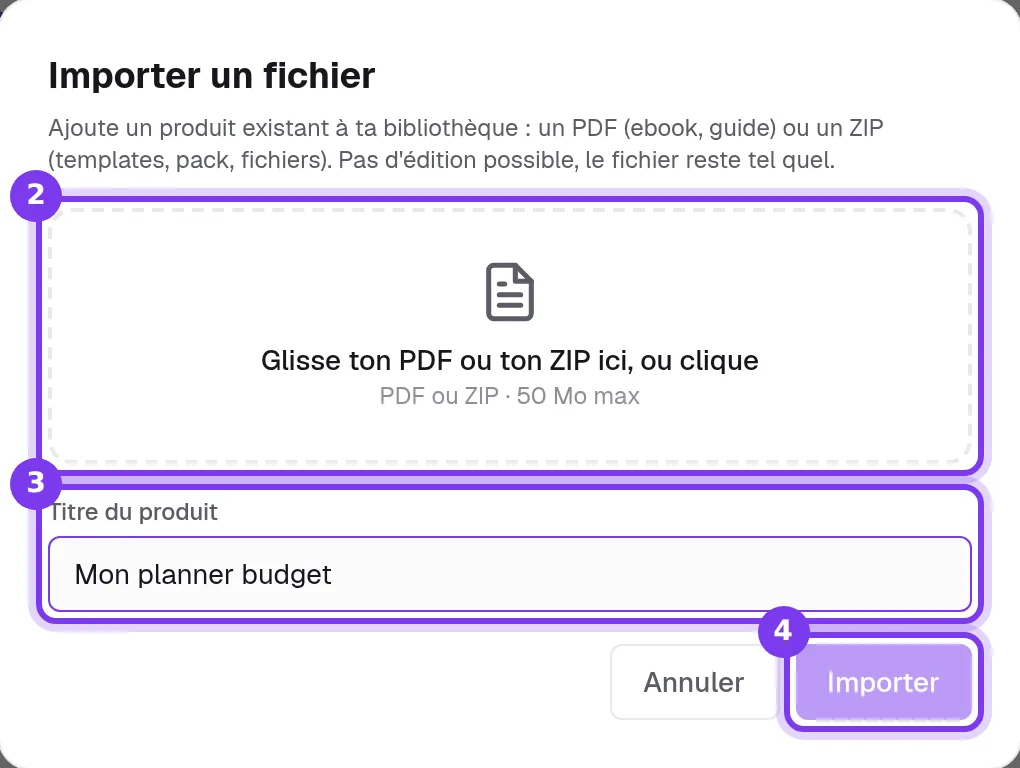 La fenêtre Importer un fichier de Shoplit.io : le cadre de dépôt d’un PDF ou d’un ZIP de 50 Mo au plus, le champ Titre du produit et le bouton Importer