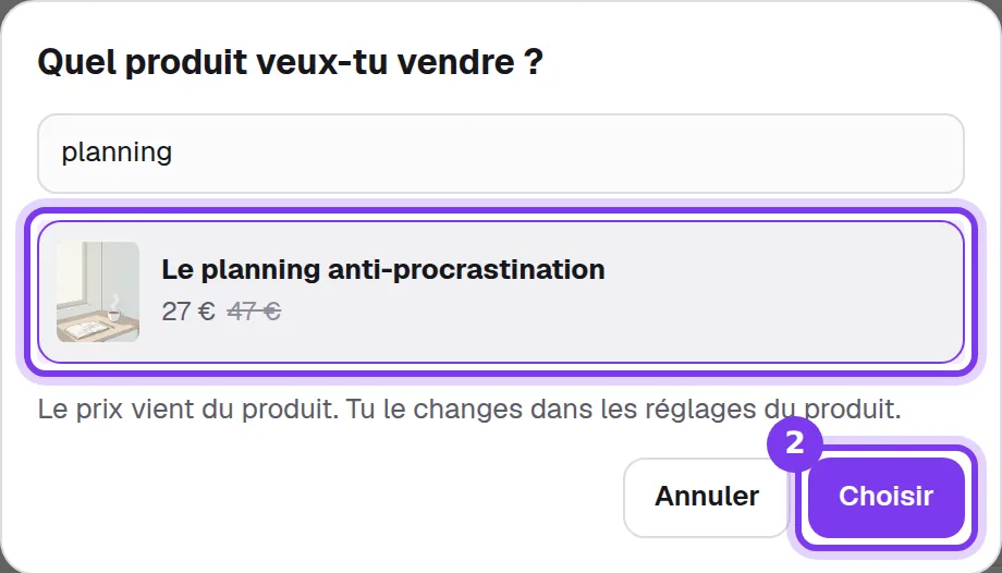 La fenêtre de choix du produit à vendre dans le Tunnel IA de Shoplit.io, avec la recherche « planning », un ebook trouvé et le bouton Choisir