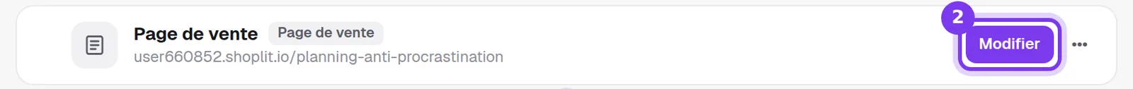 L’étape Page de vente d’un tunnel dans Shoplit.io, avec l’adresse de la page et le bouton Modifier
