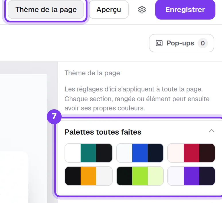 Le bouton Thème de la page et les Palettes toutes faites dans l’éditeur par blocs de Shoplit.io