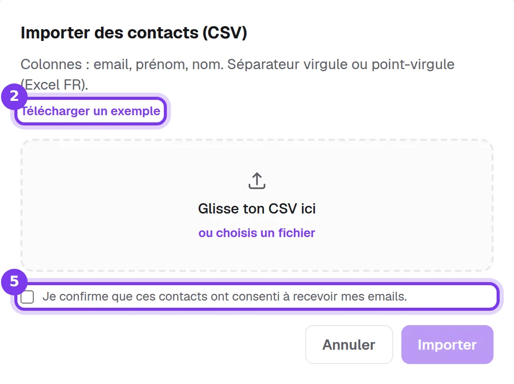 La fenêtre d’import de contacts au format CSV dans Shoplit.io, avec le lien Télécharger un exemple, la zone de dépôt du fichier et la case qui confirme le consentement des contacts