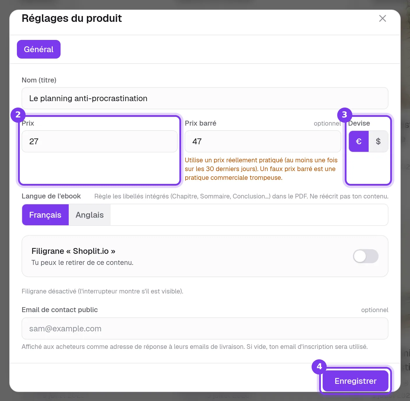 Les réglages d’un produit dans Shoplit.io : les champs Prix et Prix barré, le choix de la devise en euro ou en dollar et le bouton Enregistrer